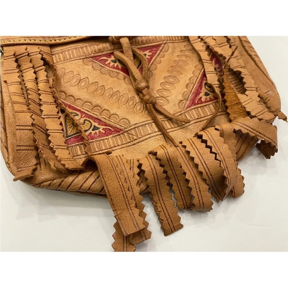 Hippie Boho Y2K Shoulder Bag Purse Fringe Brown Leather Hand Made Painted - Picture 2 of 8